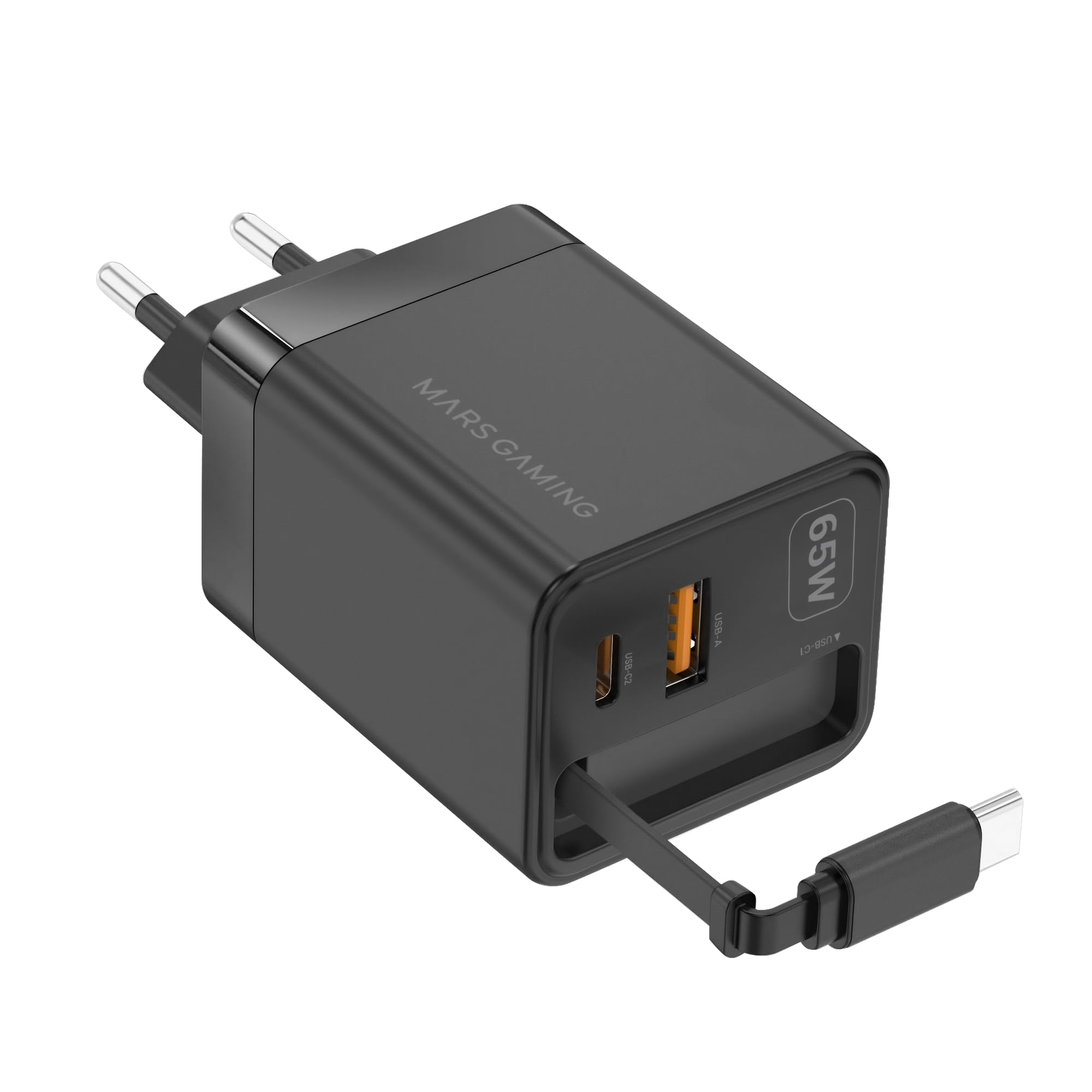 Mars Gaming MD-GAN65R Caricatore USB-C 65W GaN Ricarica Rapida QC 3.0 PD 3.0 Cavo Retrattile 65cm USB-A USB-C Spina Europea Tipo C Nero