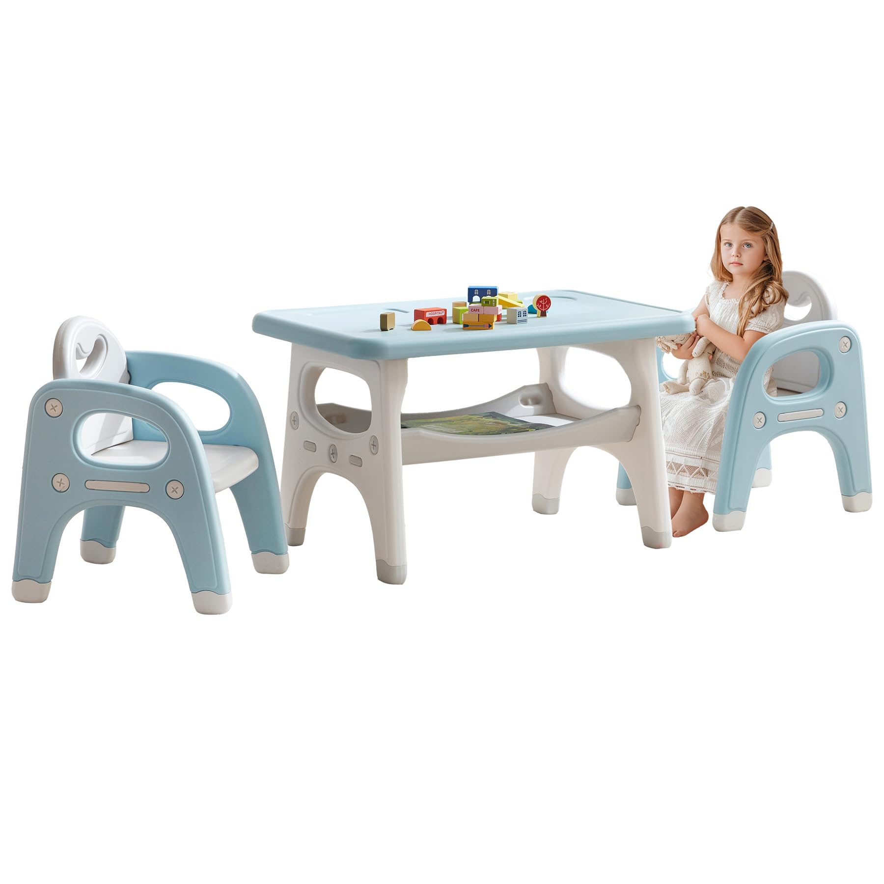 Kids Table and Chairs Set, Activity Table with 2 Chairs for Ages 3-6, Toddler Table and Chair Set Ideal for Reading, Drawing, Dining, Arts Crafts,Gifts for Kids (Blue)