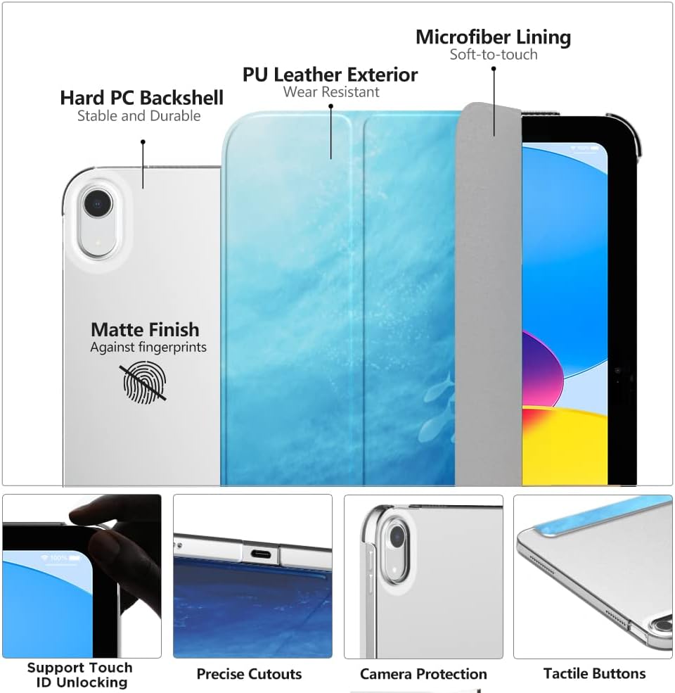 MoKo for iPad (A16) 11th Generation Case 11 Inch 2025, iPad 10th Generation Case 10.9 Inch 2022, Slim Stand Hard PC Translucent Back Shell Smart Cover, Support Touch ID, Auto Wake/Sleep, Ocean