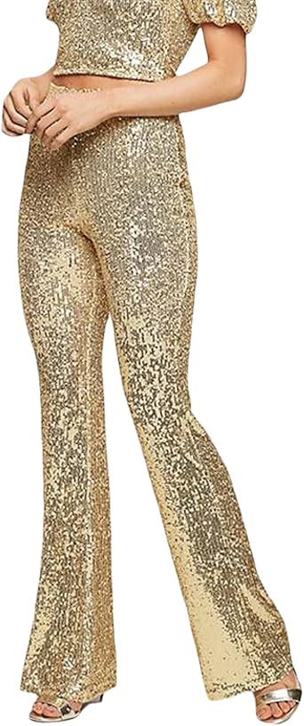 Women Sequin Slim Flare Pants 70s Sparkly Wide Leg Bell