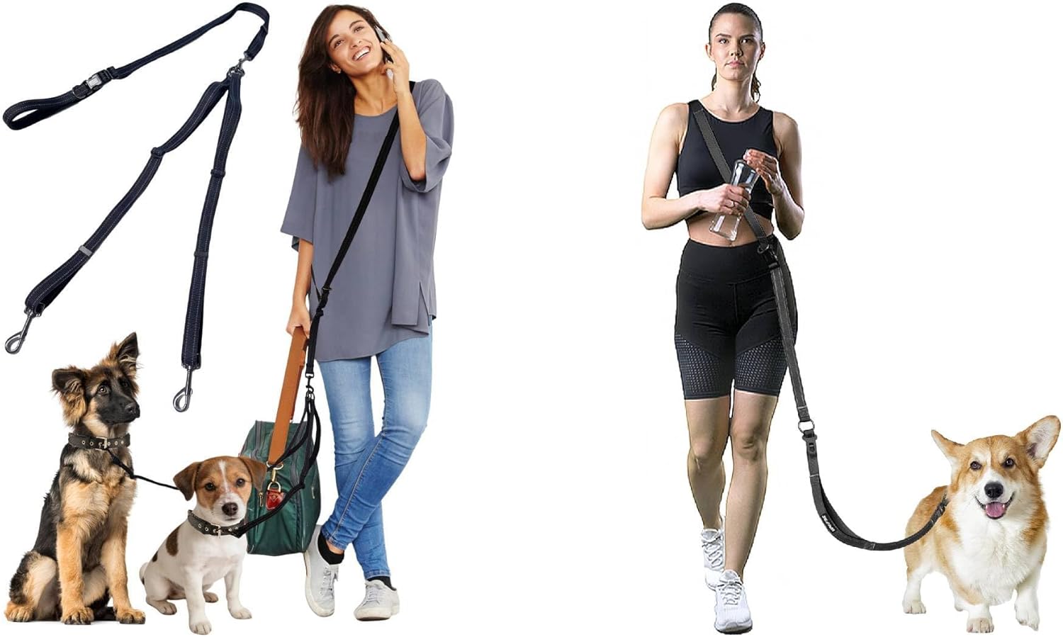 Two-Pack Set： Double Dog Leash x1, Heavy-Duty Long Dog Leash with car Seatbelt x1