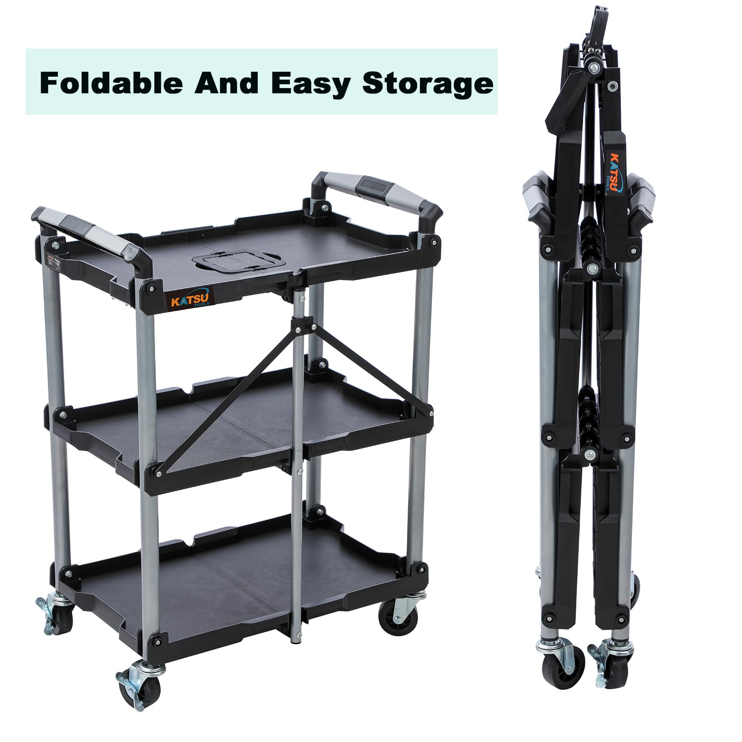 KATSU Tools Chariot de service pliable à 3 niveaux, chariot à outils utilitaire, charge de 68 kg, roues verrouillables, poignées ergonomiques, 83 x 36 x 64 cm, pour atelier, garage, maison, bureau et