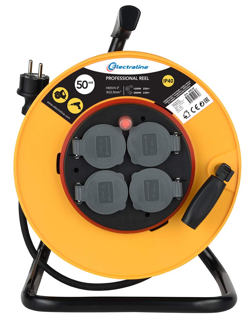 Electraline Pro-Line 49039 Rallonge de câbles avec 4 prises de courant IP40, 50 m, câble H05VV-F Section 3G2,5 mm², jaune