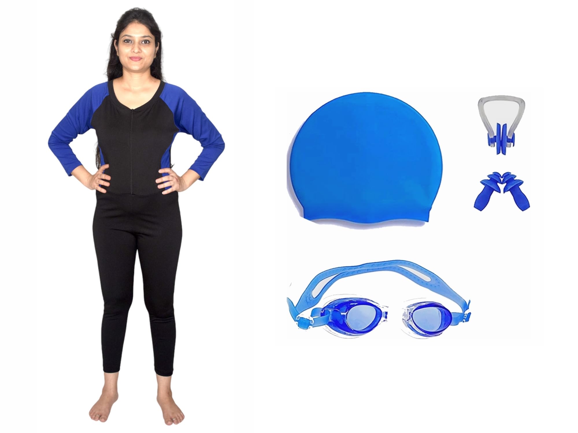 Women's Swimming Fullsuit with Swimming 1 Anti Fog Swimming Goggles + 1 Silicone Swimming Cap+ 1 Nose Clip+ 2 Ear Plugs-image-14