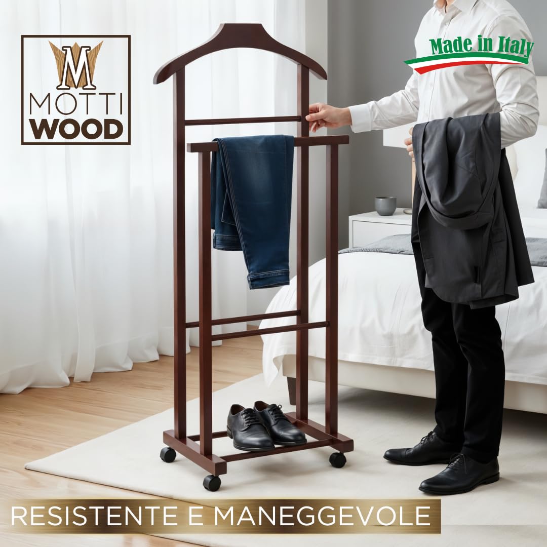 Perchero para dormitorio, madera de haya natural, nogal, doble silencioso, con 4 ruedas