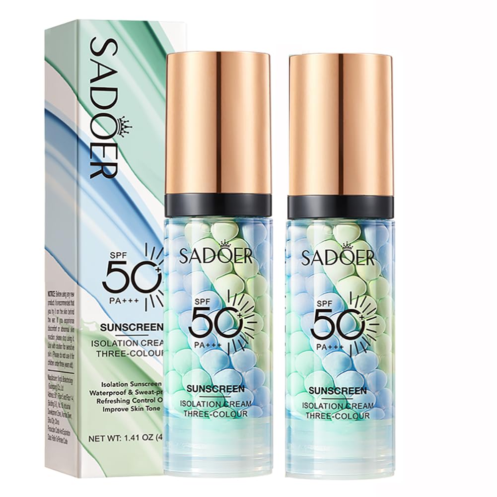 Color Correcting Facial Serum,2 Packs SPF 50 PA+++ Face Sunscreen Isolation Cream, 3 In 1 Moisturizing Essence Concealer Foundation Makeup Primer for Face