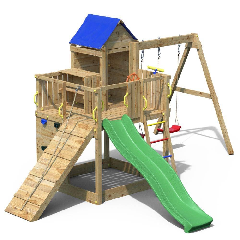 Casetta da Giardino per Bambini Fungoo Treehouse 3 – Parco Giochi in Legno con Altalene, Scivolo 2,2 m, Arrampicata e Accessori – Uso Privato – Disponibile da Agosto 2025
