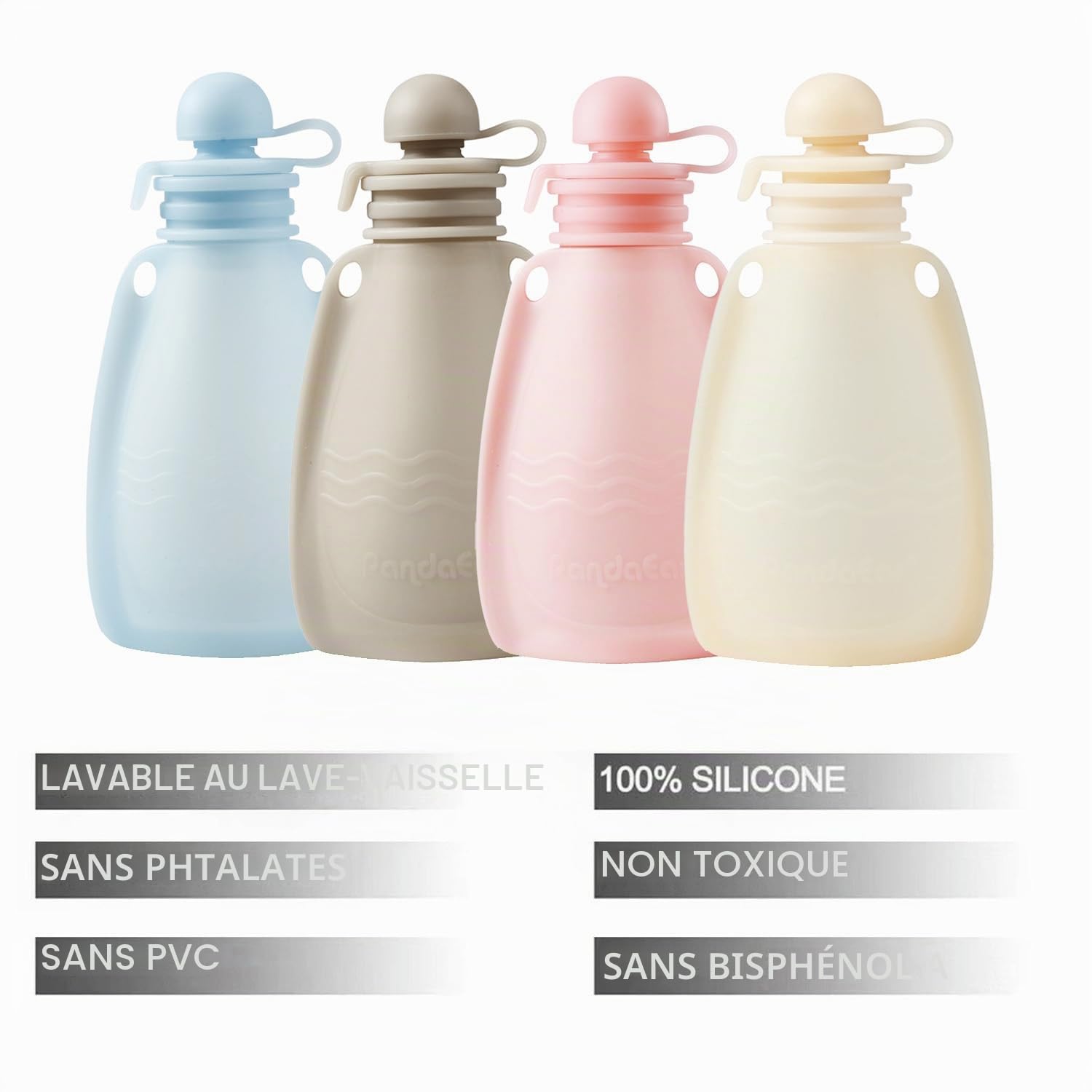 PandaEar Lot de 4 pochettes réutilisables en silicone pour aliments pour bébés, pour tout-petits, enfants, sans BPA, rechargeables pour aliments pour bébé, 160 ml