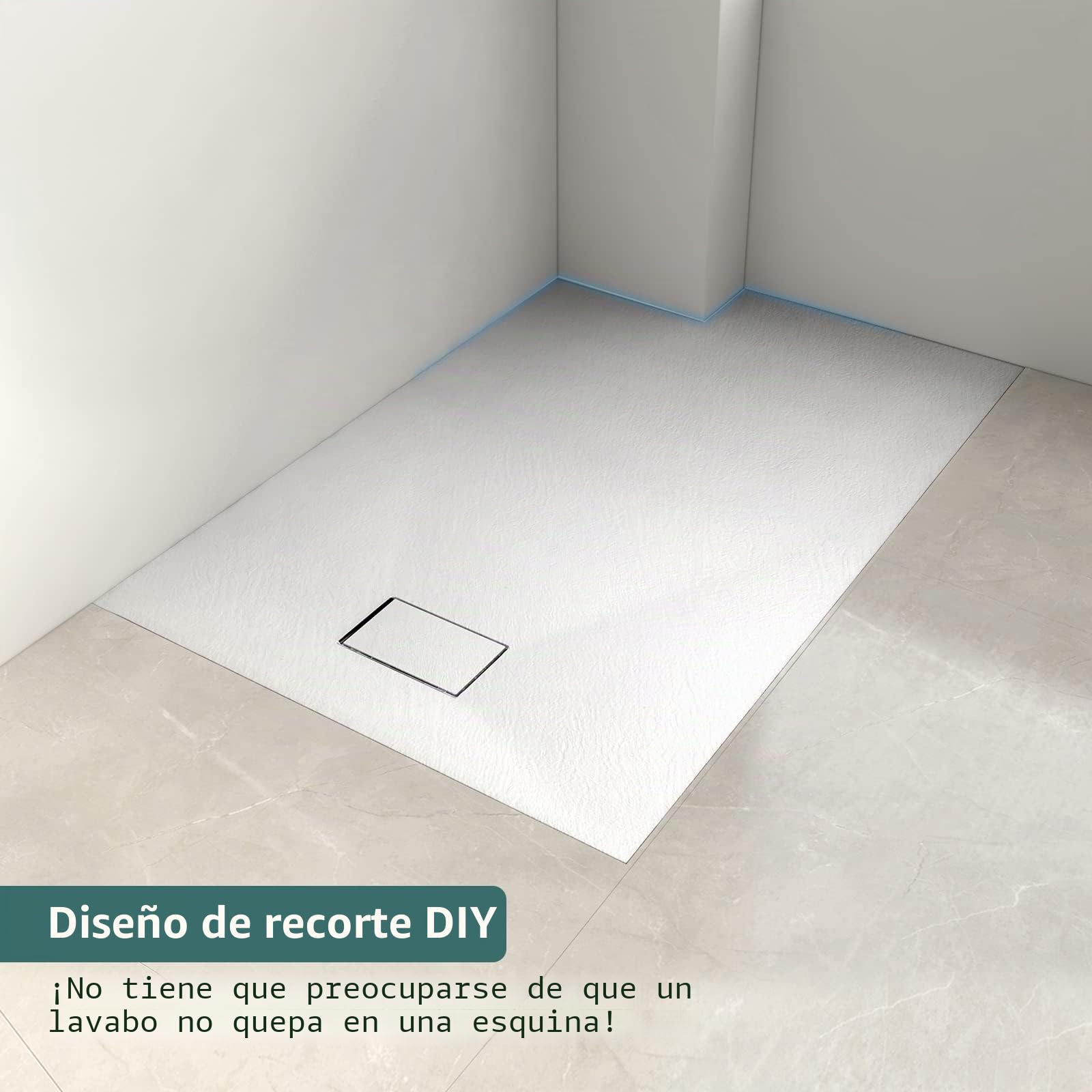 EMKE Plato de ducha de 120 x 90 cm, superficie antideslizante, plato de ducha SMC, aspecto de piedra, plato de ducha de 90 mm, orificio de desagüe esquinero, color blanco