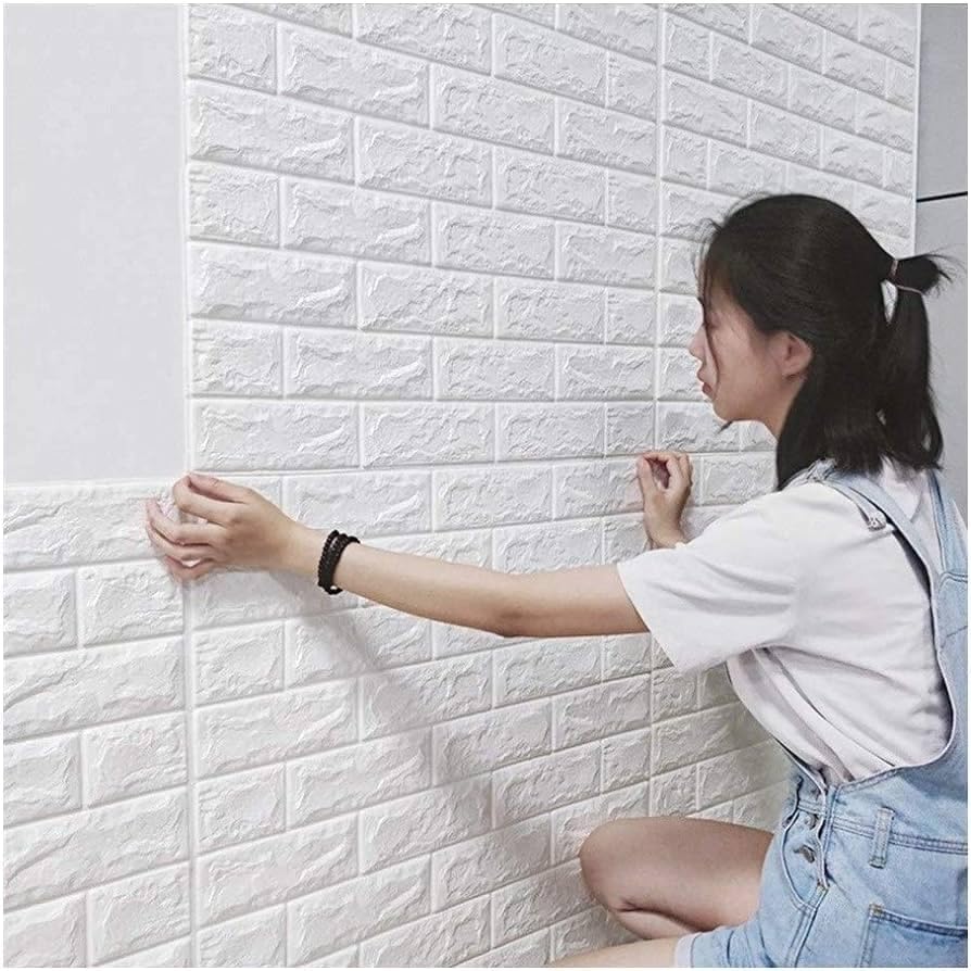 Haxed 3D Brick Wallpaper PE Foam self Adhesive Brick Design Wall Stickers/DIY Wallpaper for Home Hotel Living Room Bedroom Cafe Deco (70 x 77 cm, White)