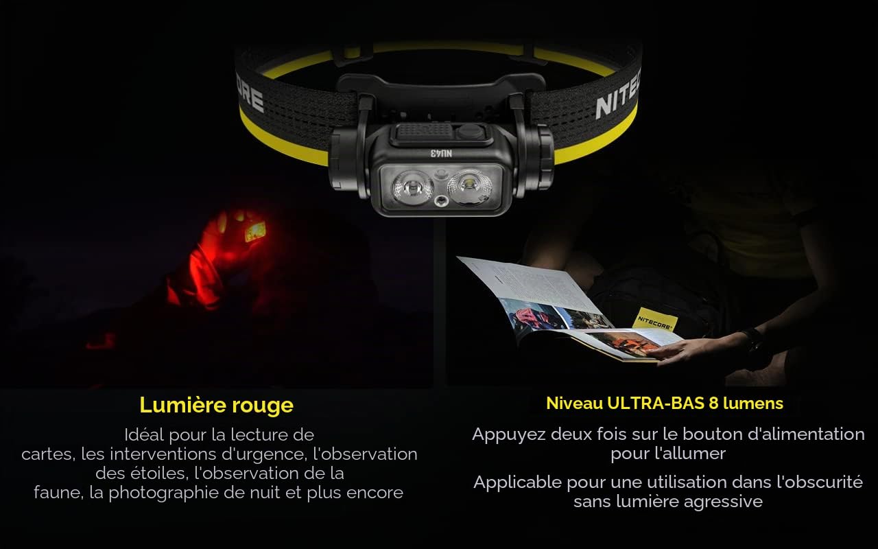 Nitecore NU43 Lampe frontale rechargeable, 1400 lumens USB-C brillante et légère pour camping, course ou travail, avec lumière focale, lumière d'inondation, lumière rouge, avec autocollant Nitecore
