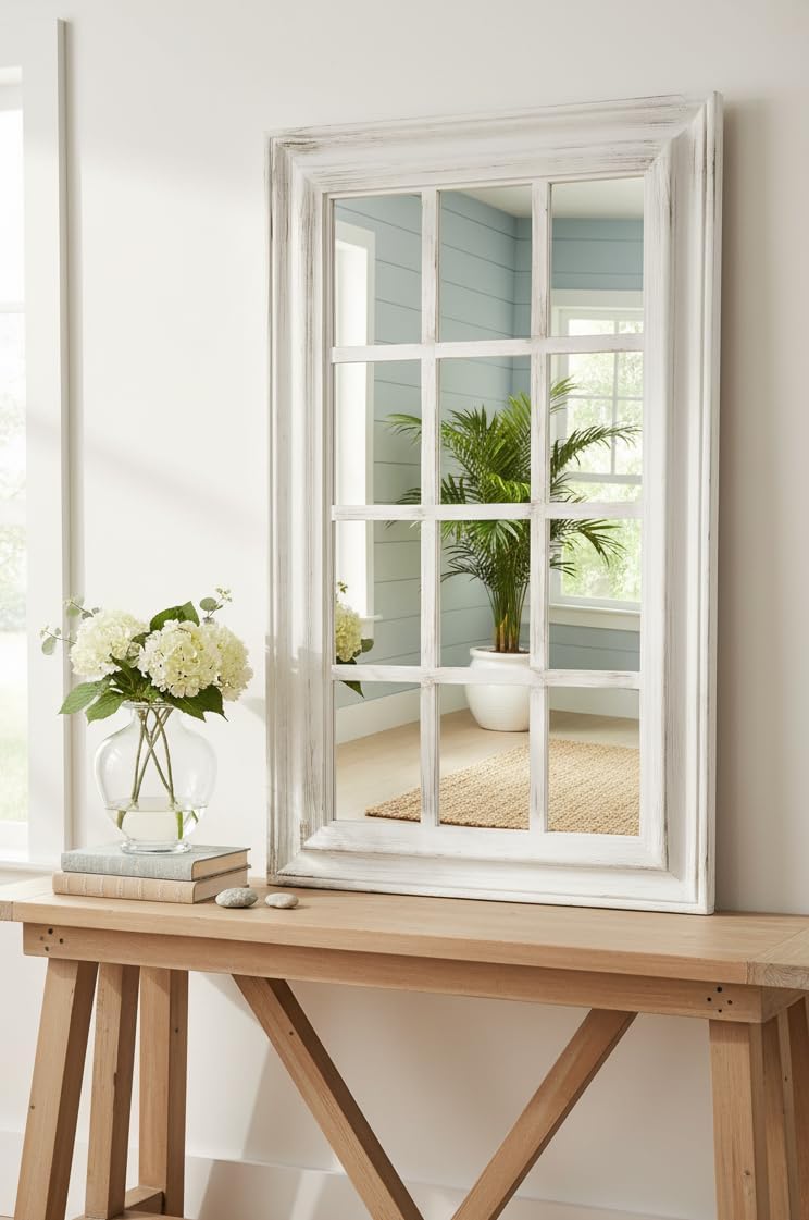 Biznest 43X73Cm White Rectangle Window Style Wall Mirror Durable Frame,Indoor/Outdoor Elegant Addition To Your Home- Best Gift
