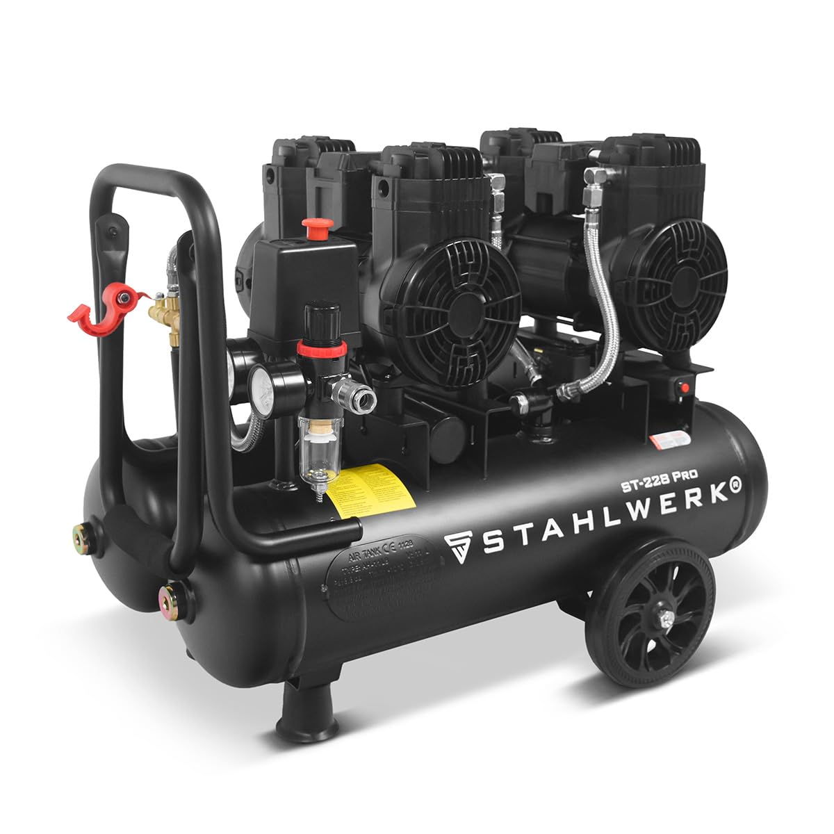 STAHLWERK Compresor con tanque de 22 L (ST-228 Pro) – sin aceite y silencioso, 8 bar, compresor de aire con motores sin escobillas, 3,54 CV, 2,6 kW, 410 l/min, compresor de pistón silencioso