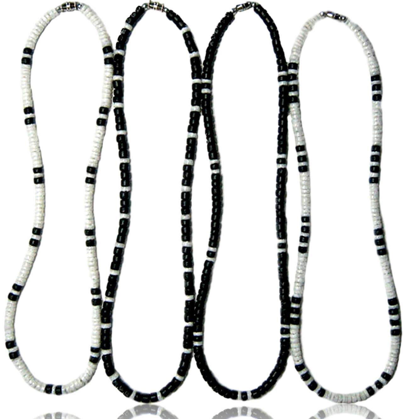 Native Treasure(4 Pack) Mens and Womens Summer Beach Surfer Necklaces From the Philippines, White Ark Shells and Black Coconut Beads, Mens Beach Necklace