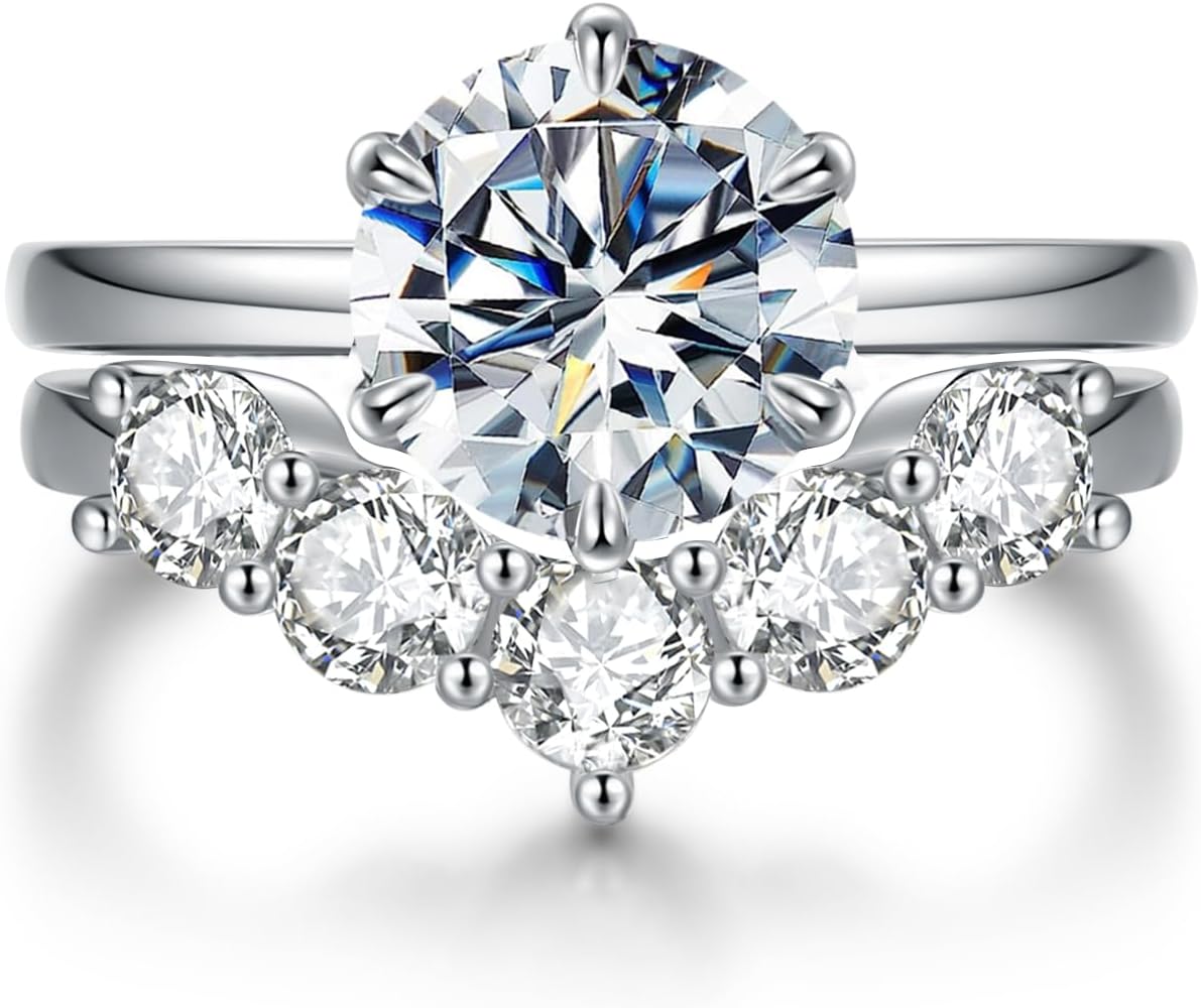 Moissanite Wedding Sets for Women, 3CT Center Stone D Color VVS1 Round Cut White Gold Moissanite Engagement Ring Bridal Set, Promise Wedding Rings for Her Jewelry Gift