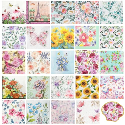 24 Pack Floral Napkins for Decoupage 24 Styles Gorgeous Butterflies Wildflower Assorted Flower Cocktail Napkins for DIY Art Crafting Party Beautiful Decoupage Napkins Paper Decorative 6.5 inches