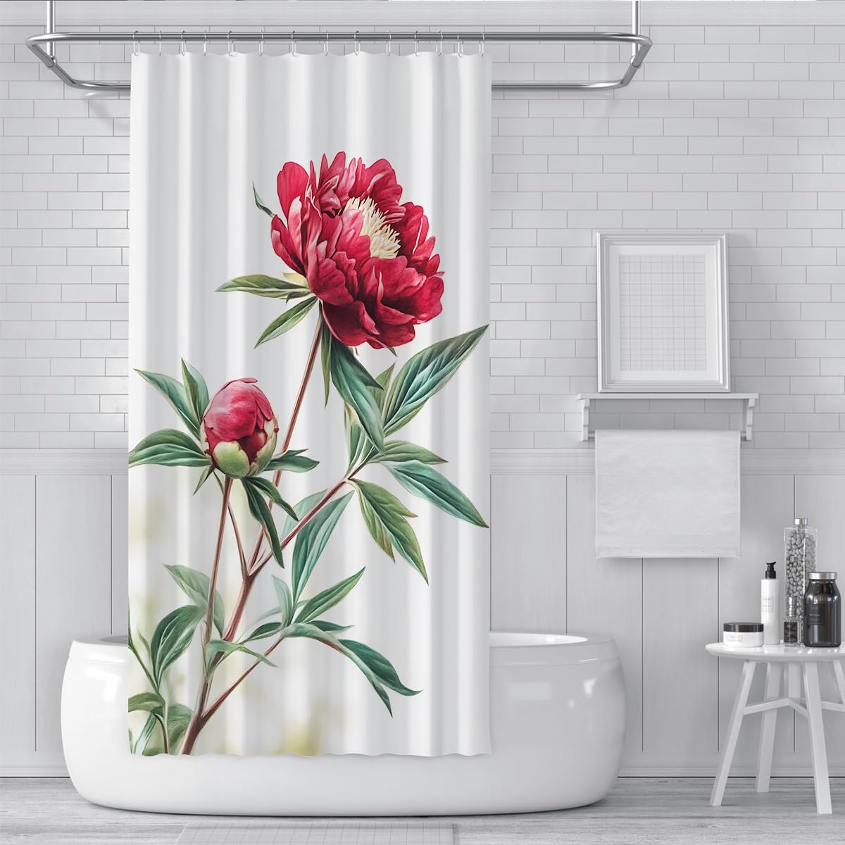 Rideau de Douche Vintage en pivoines Rouges pour Salle de Bain, Rideau de Bain en Tissu botanique Chinoiserie Traditionnel avec Crochets, Tissu Polyester imperméable W220xL180 cm