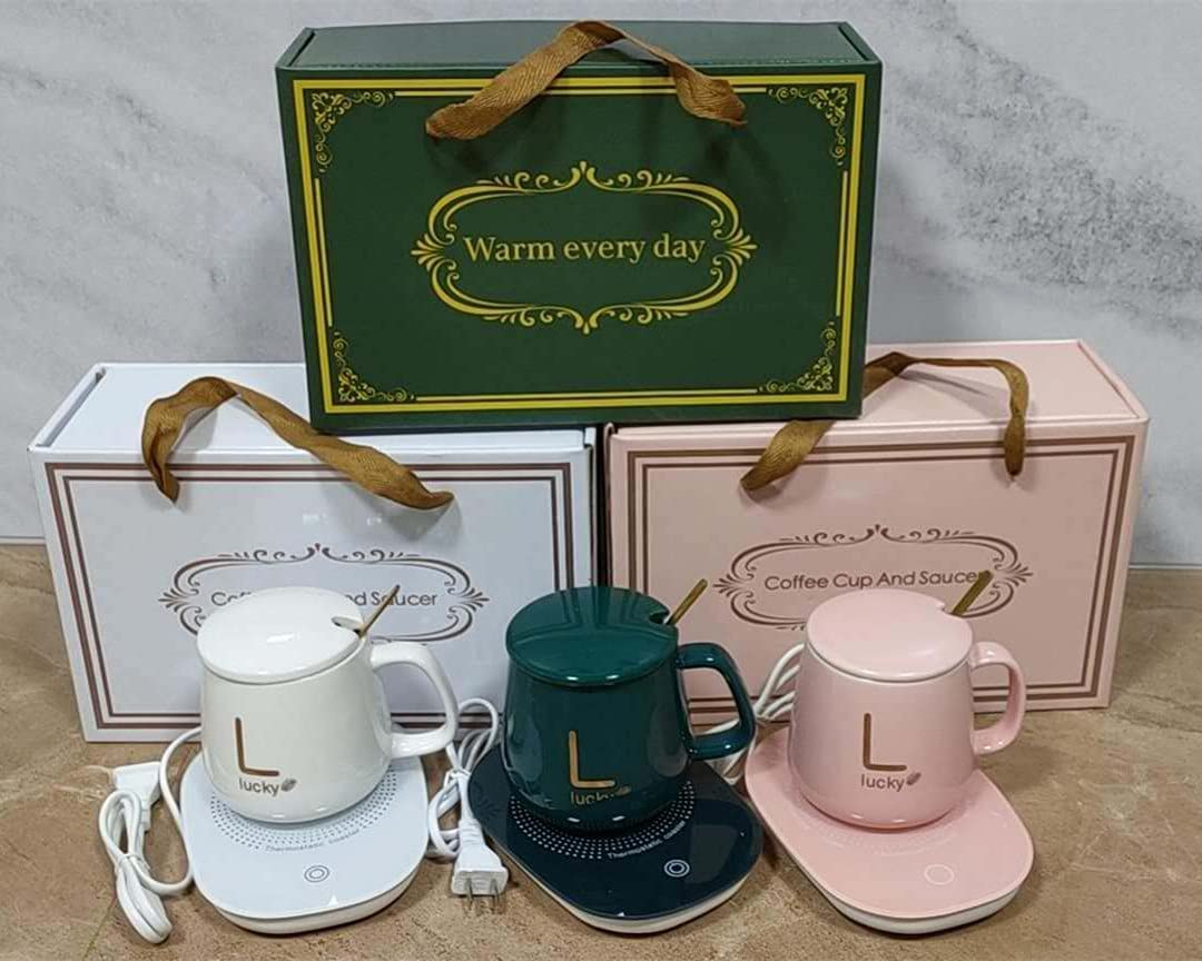 ''NK EBuy'' Ceramic Coffee/Tea Cup with Warmer & Also For The Other Beverages with Electric Hot Plate, Lid, Spoon & Beautiful Package Box. Automatic On/Off To Keep Temperature Up To 131℉/ 55℃.