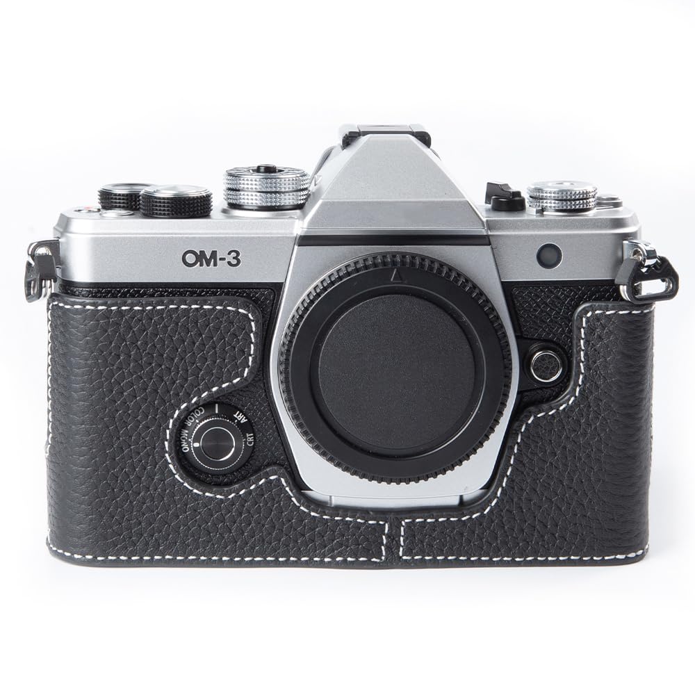 DBZZ Handcrafted Genuine Leather Camera Case, Vintage Half-Wrap Camera Protector For OLYMPUS OM-3 (Black)