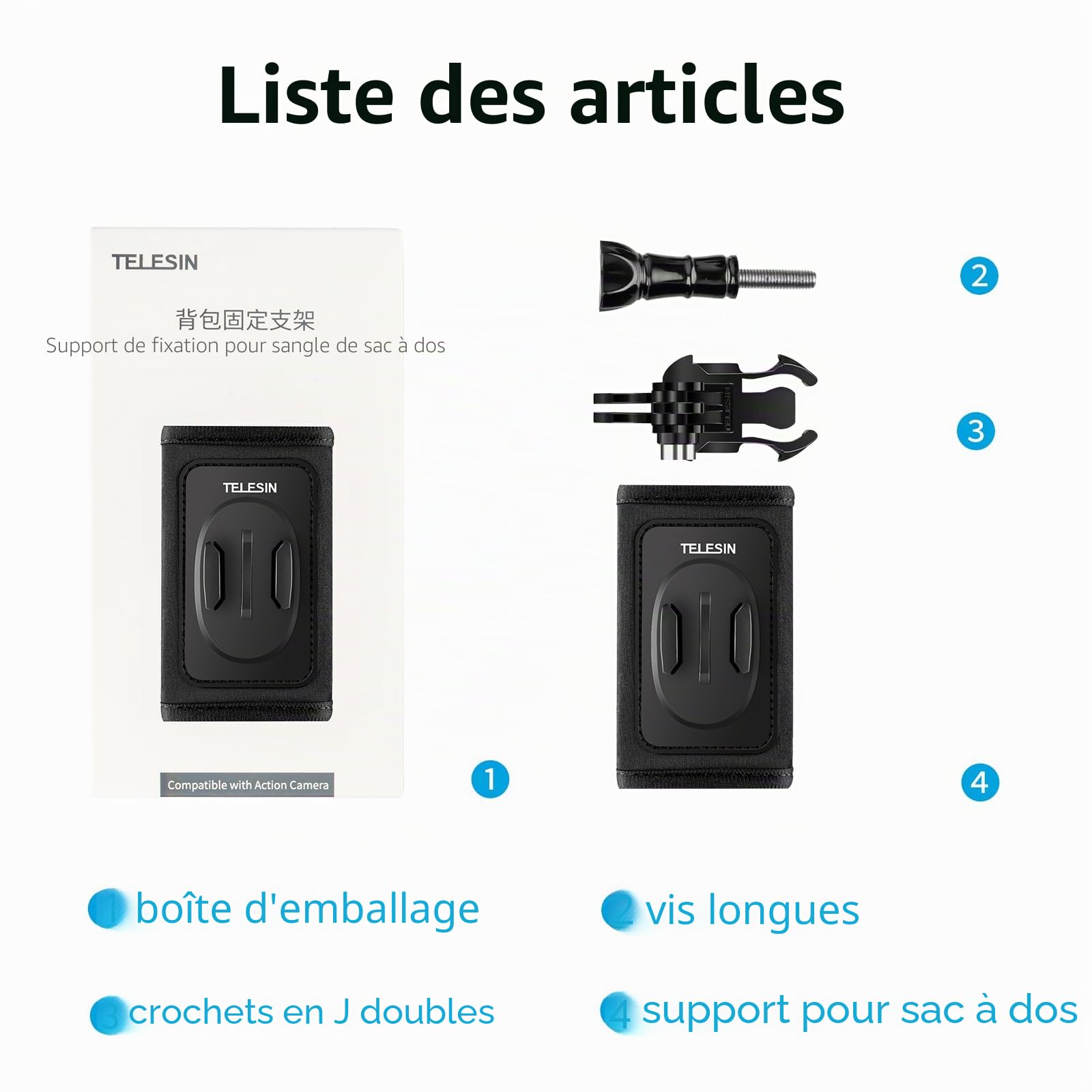 TELESIN Sac à Dos avec bandoulière réglable et Crochet en J, système de Fixation pour caméra GoPro Hero 13/12/11/10/9/8/7 Session, DJI Osmo Action 6 5 Pro/4/3 Osmo Pocket, Insta 360 X5 X4