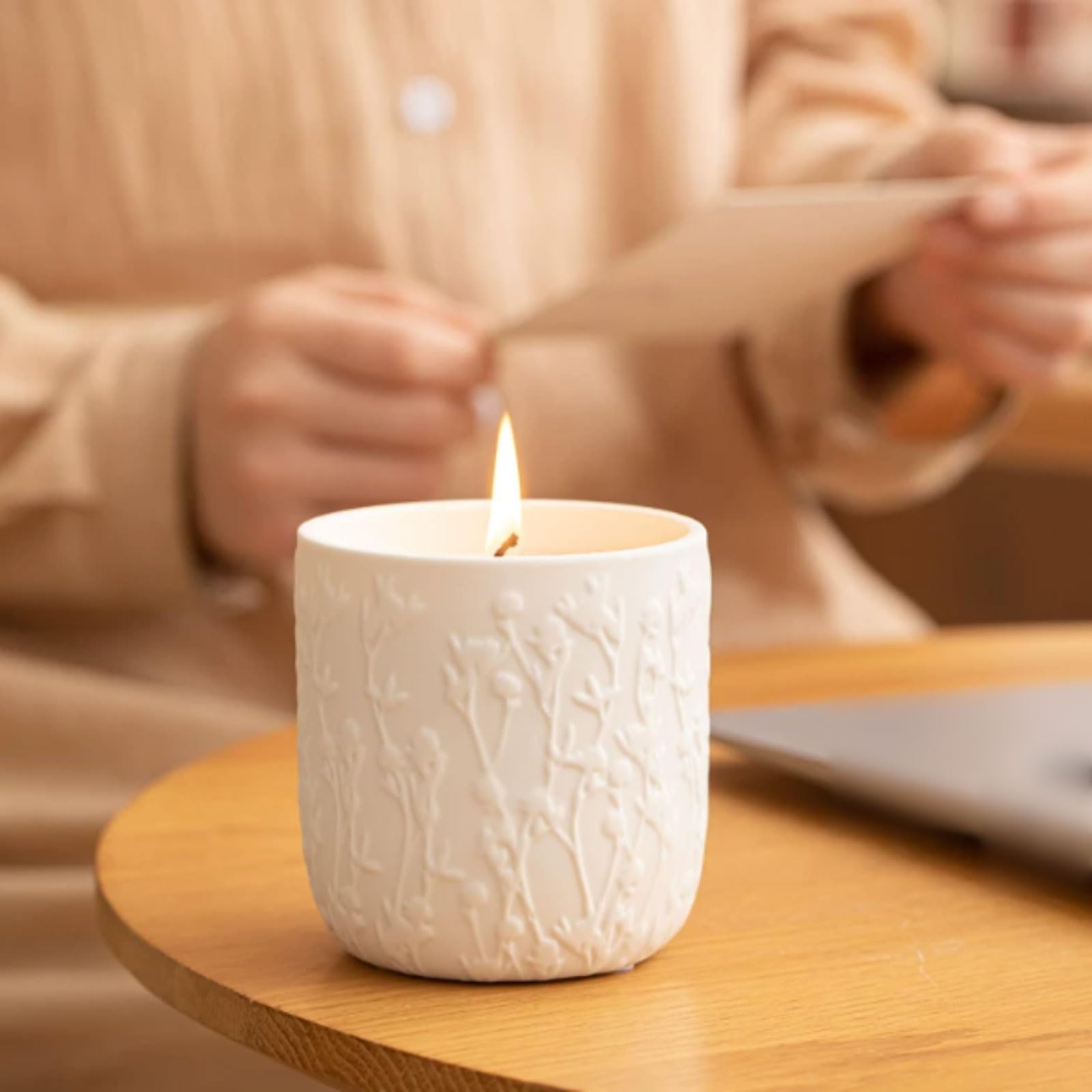 Exquisito Velas de cerámica, velas en tarro blancas, velas perfumadas reutilizables, combustión limpia, larga duración for vacaciones en casa, relajación y Spa meloso(Persimmon)