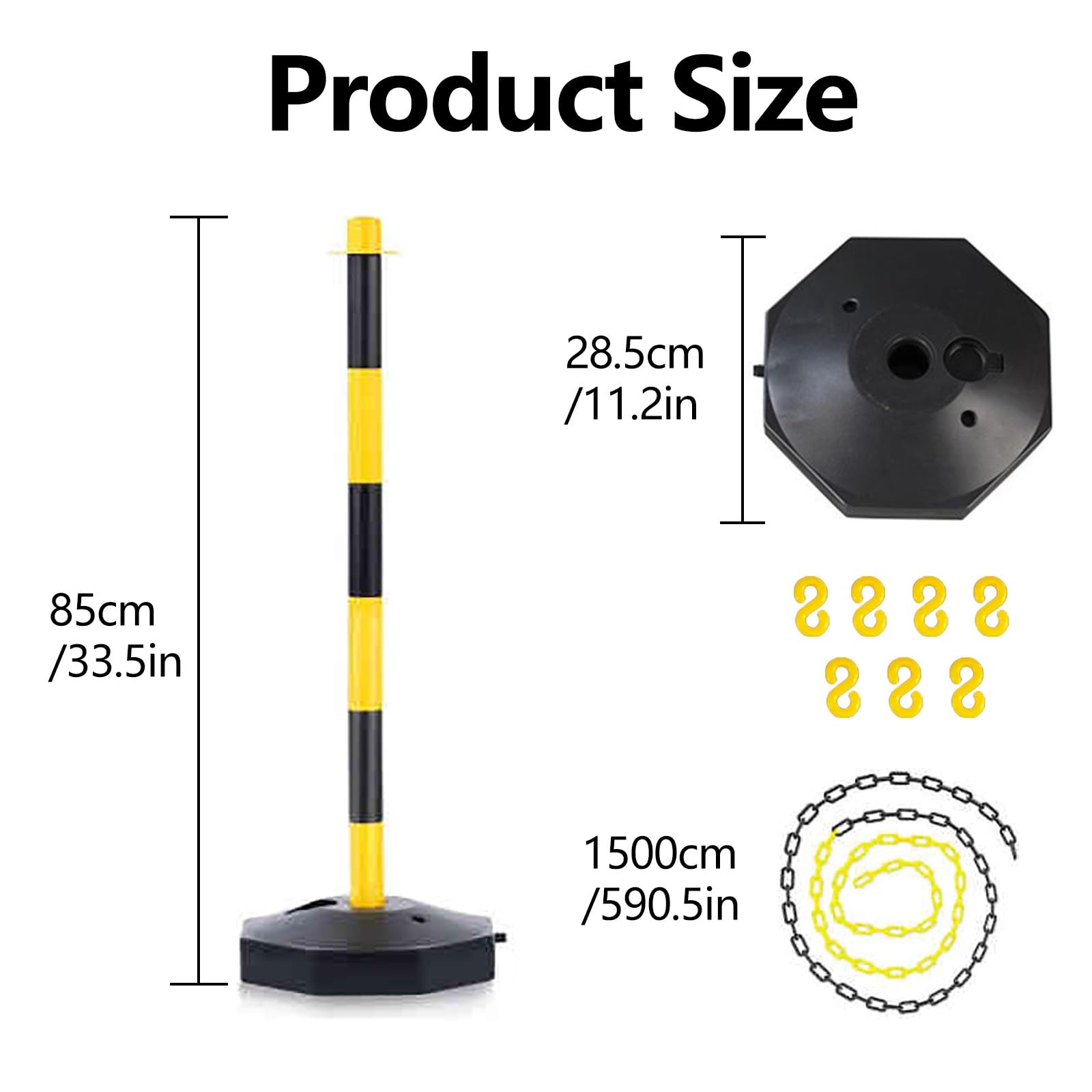 Set of 4 Plastic Stanchion Set, Removable Traffic Delineator Posts with 49.2 ft Chain 7 S-Hooks, Security Posts for Parking Construction Driveway- Easy to Install(Black)