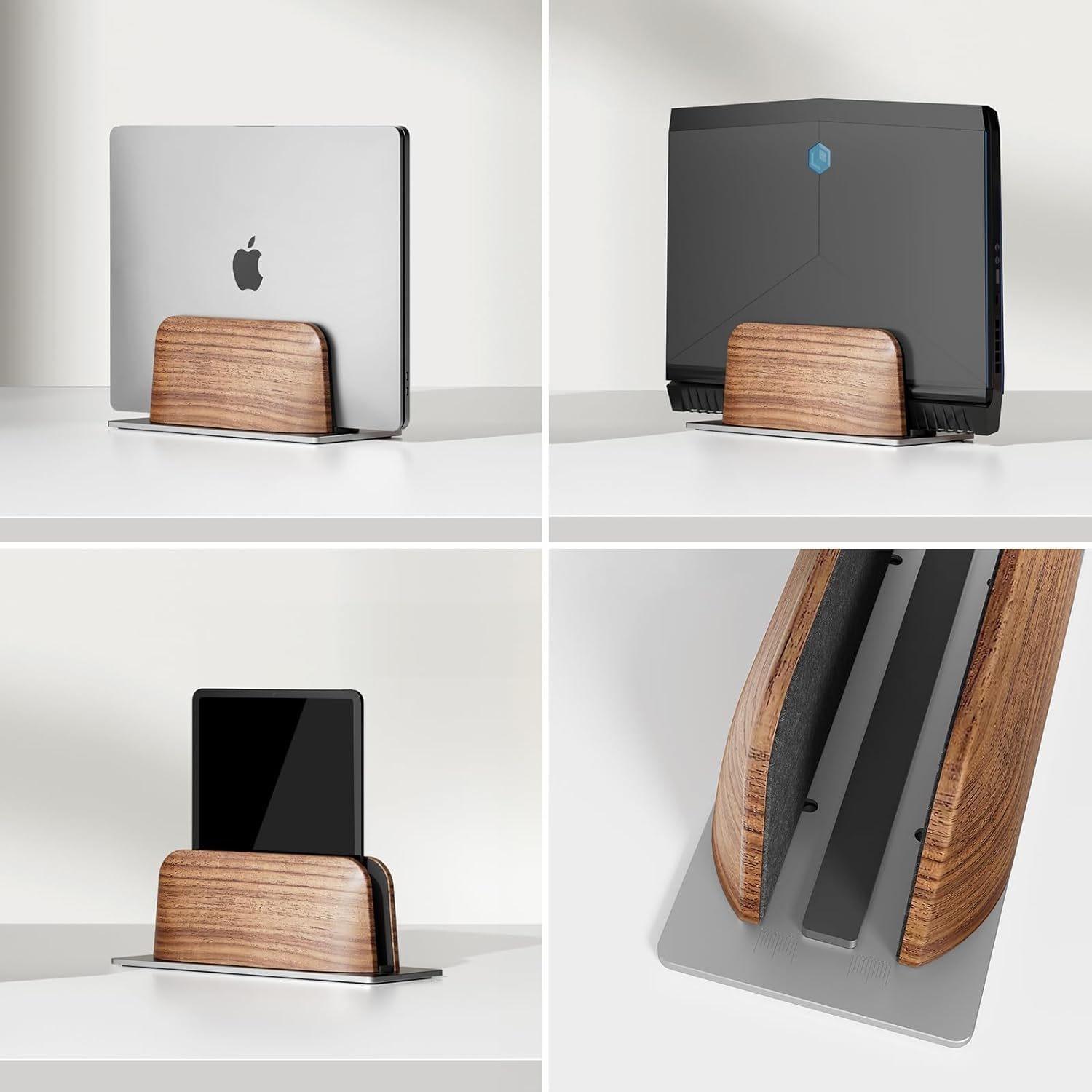 Soporte Vertical para portátil, Soporte Ordenador Portatil de Madera de Nogal Negro y Aluminio para MacBook, Surface, Samsung, HP, DELL, ‌Chromebook