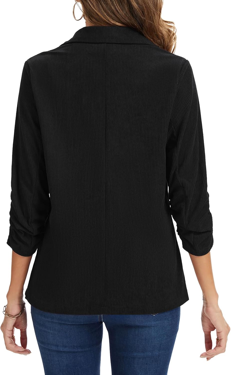 Women's Corduroy Blazer Ruched 3/4 Sleeve Lapel Button Blazers Casual Work Office Suit Jacket with Pockets