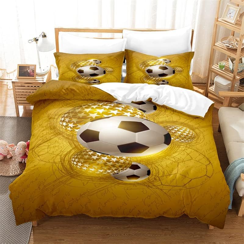 Yellow Football Duvet Cover Double 3D Printed Sports Bedding Set 3 Piece Soft Microfibre Quilt Cover 200x200 cm and 2 Pillowcases 50x75 cm with Zipper L1272