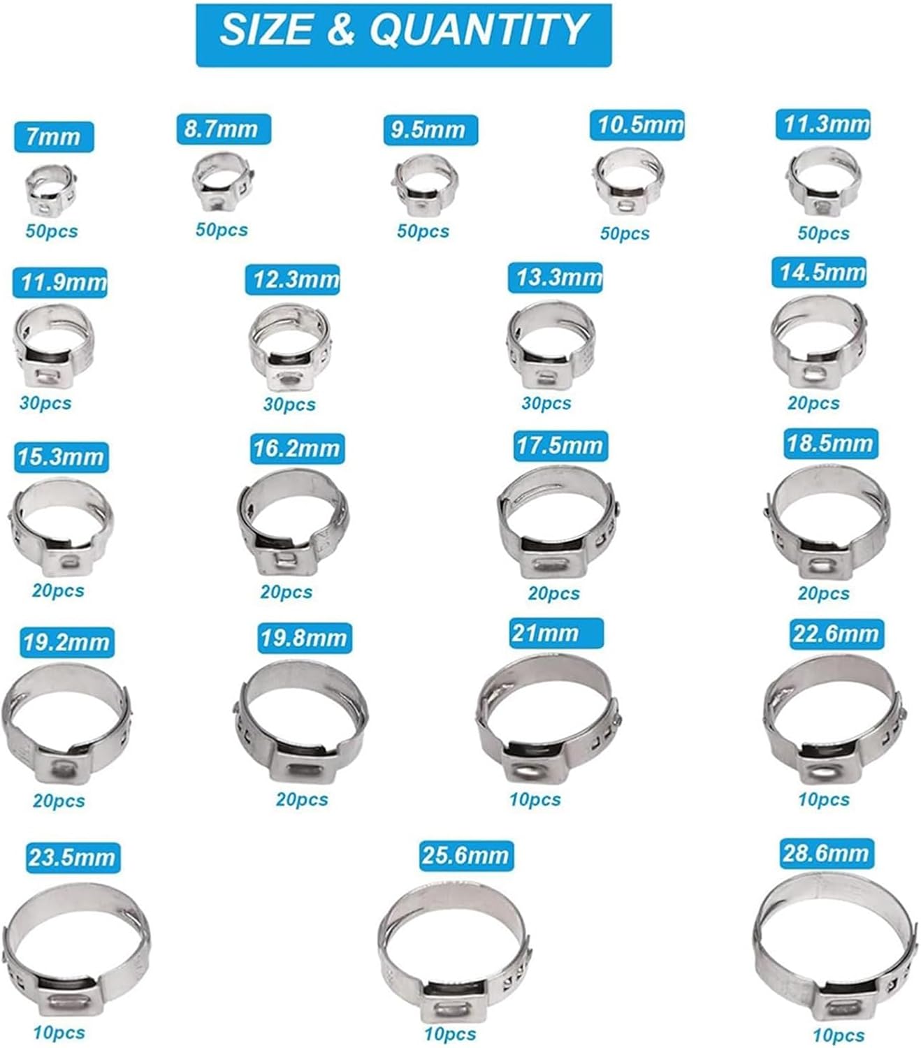 20 Sizes 1/4-1 Inch Stainless Steel Single Ear Stepless Hose Clamps Assortment Kit for Water Pipe, Plumbing and Automotive Use