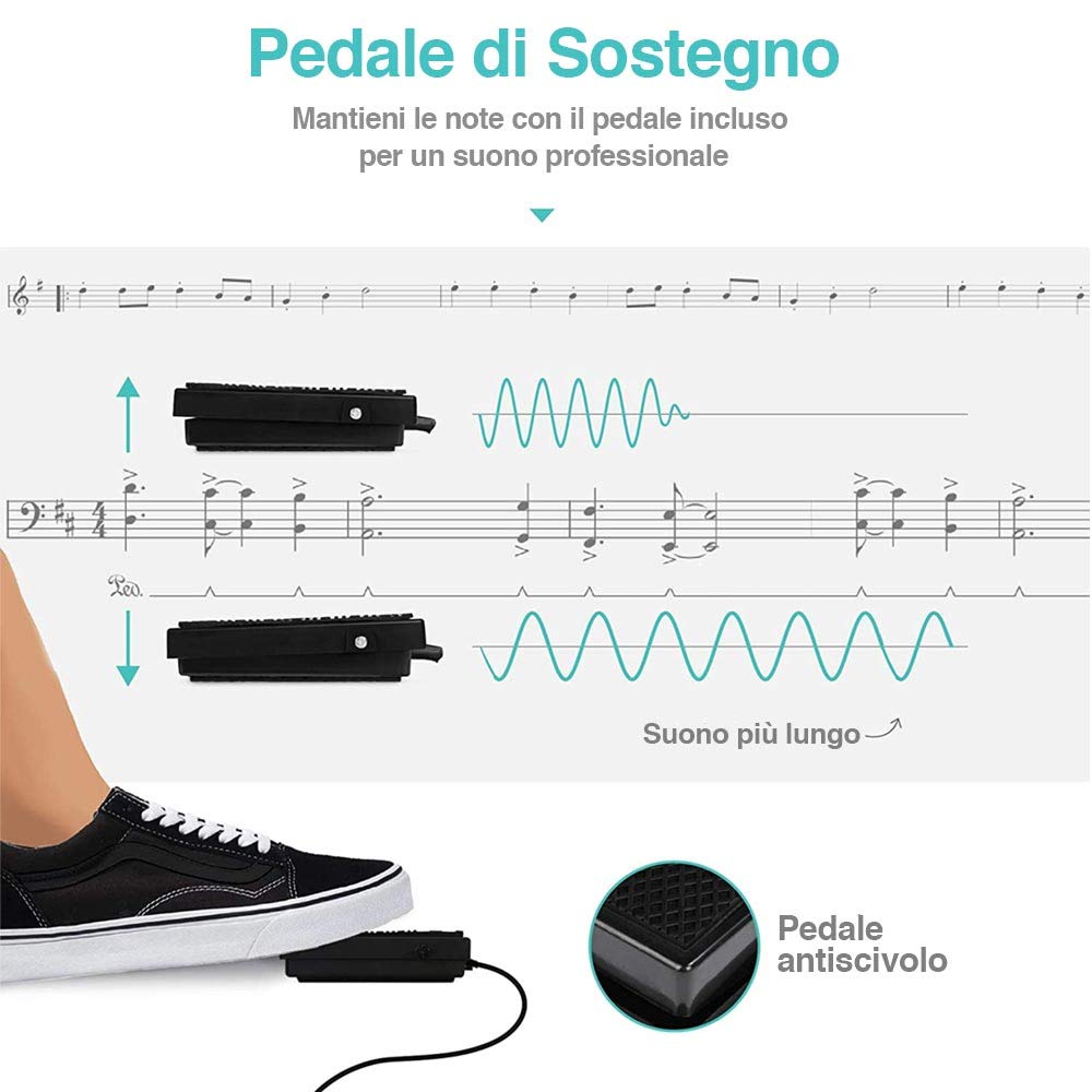 Bakaji Tastiera Musicale Pianola Elettronica 88 Tasti Semi Pesati Pianoforte Multifunzione con 140 Ritmi 6 Strumenti Musicali Funzione Split Twinova Ingresso AUX USB + Leggio e Pedale