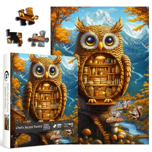 Autumn Owl Puzzles for Adults 1000 Pieces, Fantasy Forest Bird Tree House Jigsaw Puzzles, Nature Ani