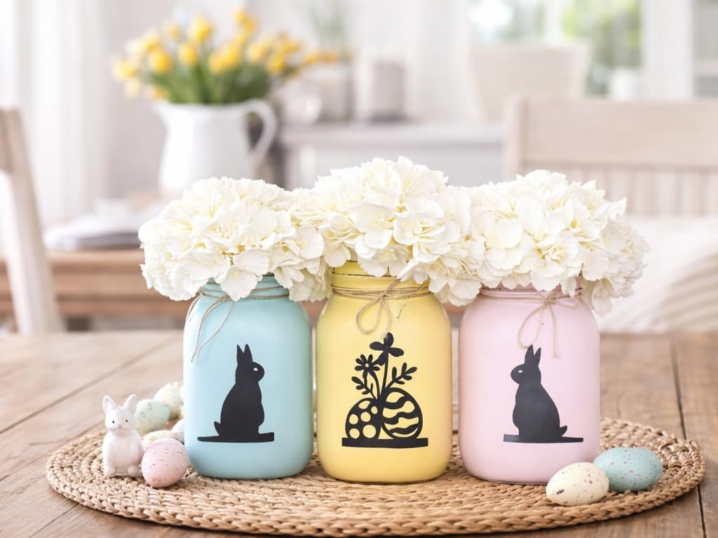 Easter Mason Jar Centerpieces With Faux Flowers, Set of 3 - Pastel Quart Jars For Rustic Farmhouse Decor, Spring Table Decor And Table Centerpieces For Dining Room Mantel Or Entryway