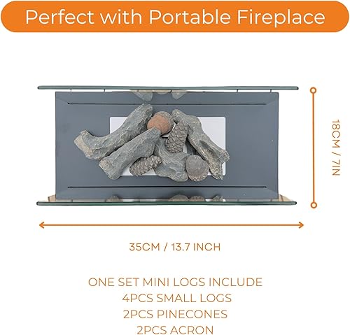 Miniatura 6 de Heyfurni Juego de troncos de imitación de cerámica para chimenea de bioetanol, juego de 8 piñas artificiales ignífugas, troncos de fuego de