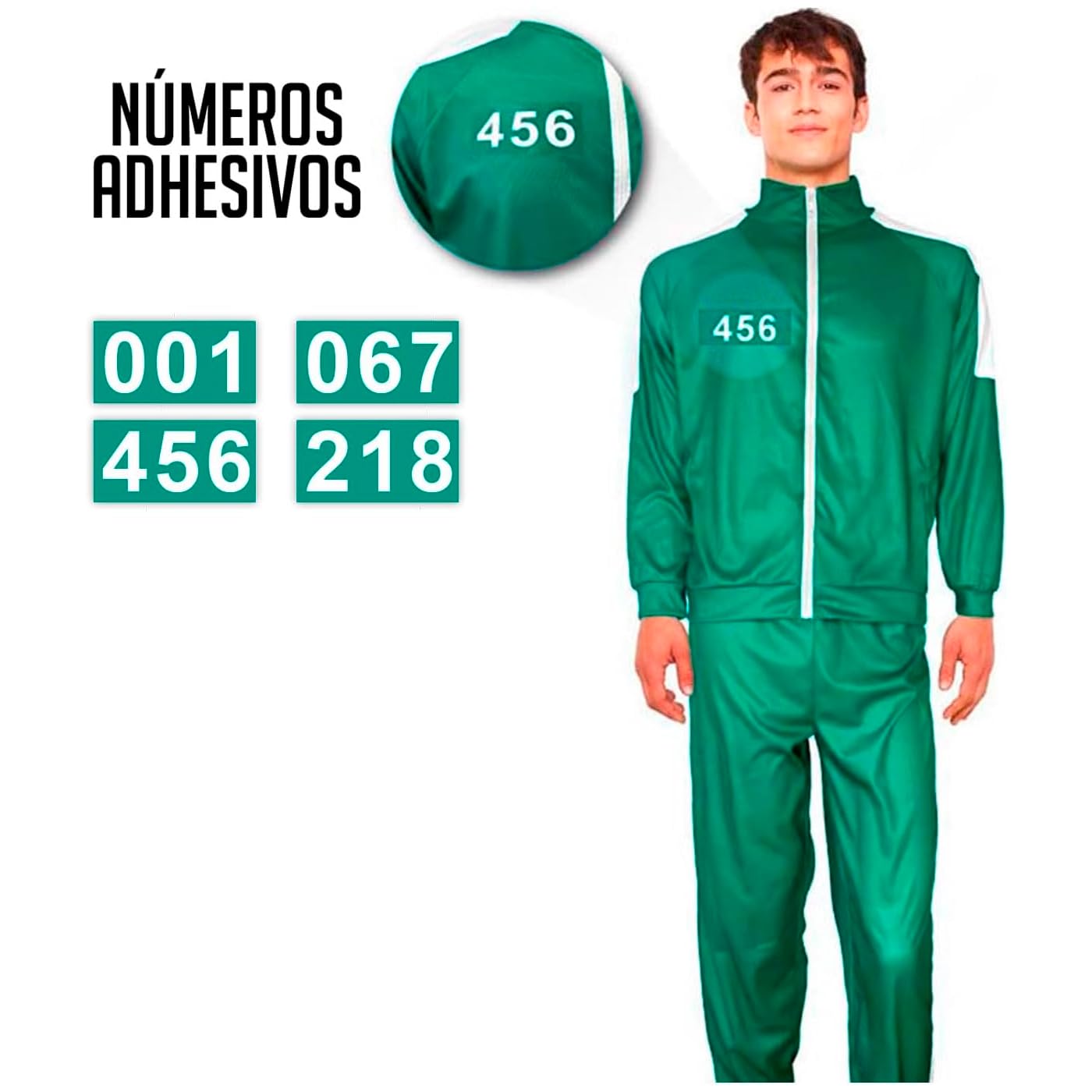 Acan Tradineur - Disfraz de chándal verde y rayas blancas con números - Inspirado de la serie Calamar - Números adhesivos (001, 067, 456 y 218) - Ideal para carnaval - Talla S