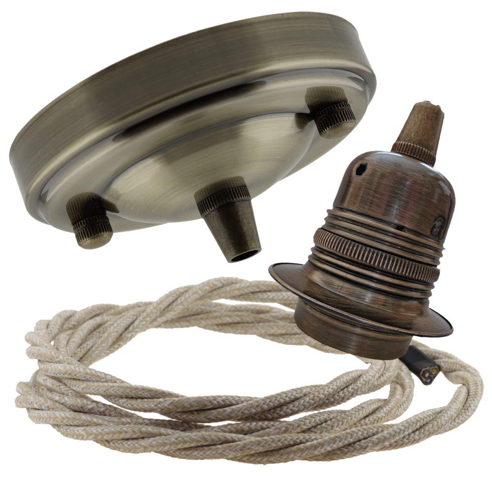 Art Deco EmporiumLarge Vintage Styled Ceiling Pendant Kit incl. Antiqued Brass Finish Rose, E27 Bulb Holder and 3 Core Linen Effect Braided Twisted Flex