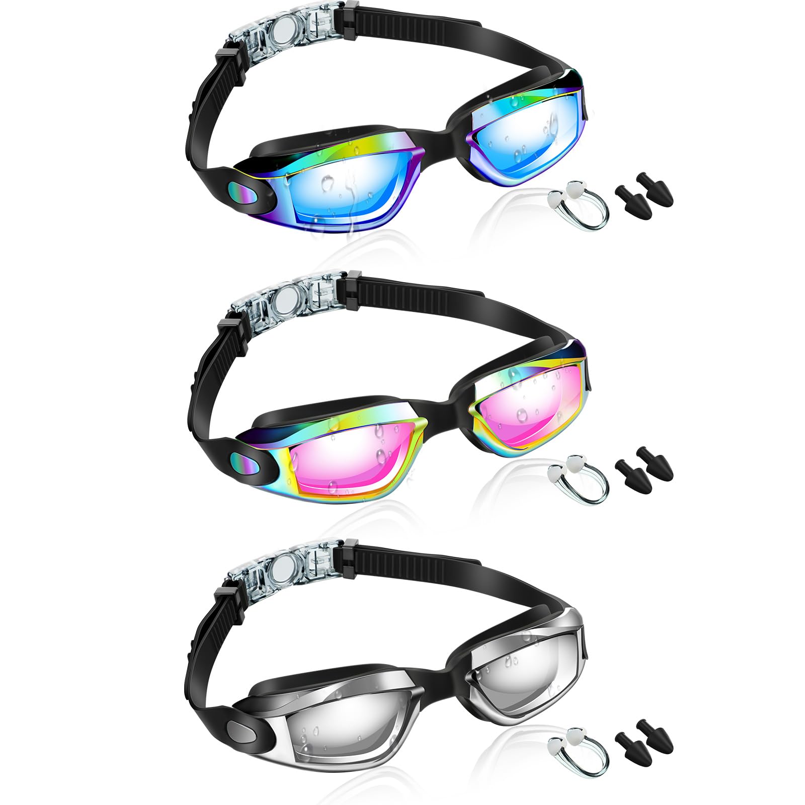 Flutesan Schwimmbrille aus Silikon, verstellbar, beschlagfrei, mit Nasenklammer und Ohrstöpseln für Erwachsene, Herren, Damen, Jugendliche, Wasserpool, Schwimmen, 3 Farben (stilvolle Farbe), 3 Stück