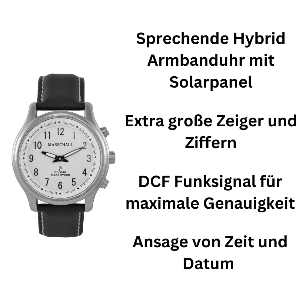 Marschall Deutsch sprechende Damen Armbanduhr I Mit Solarpanel I 1148wl I Funkarmbanduhr I Für Blinde, Senioren und Demenzkranke I Datum- und Zeitansage I Lederarmband