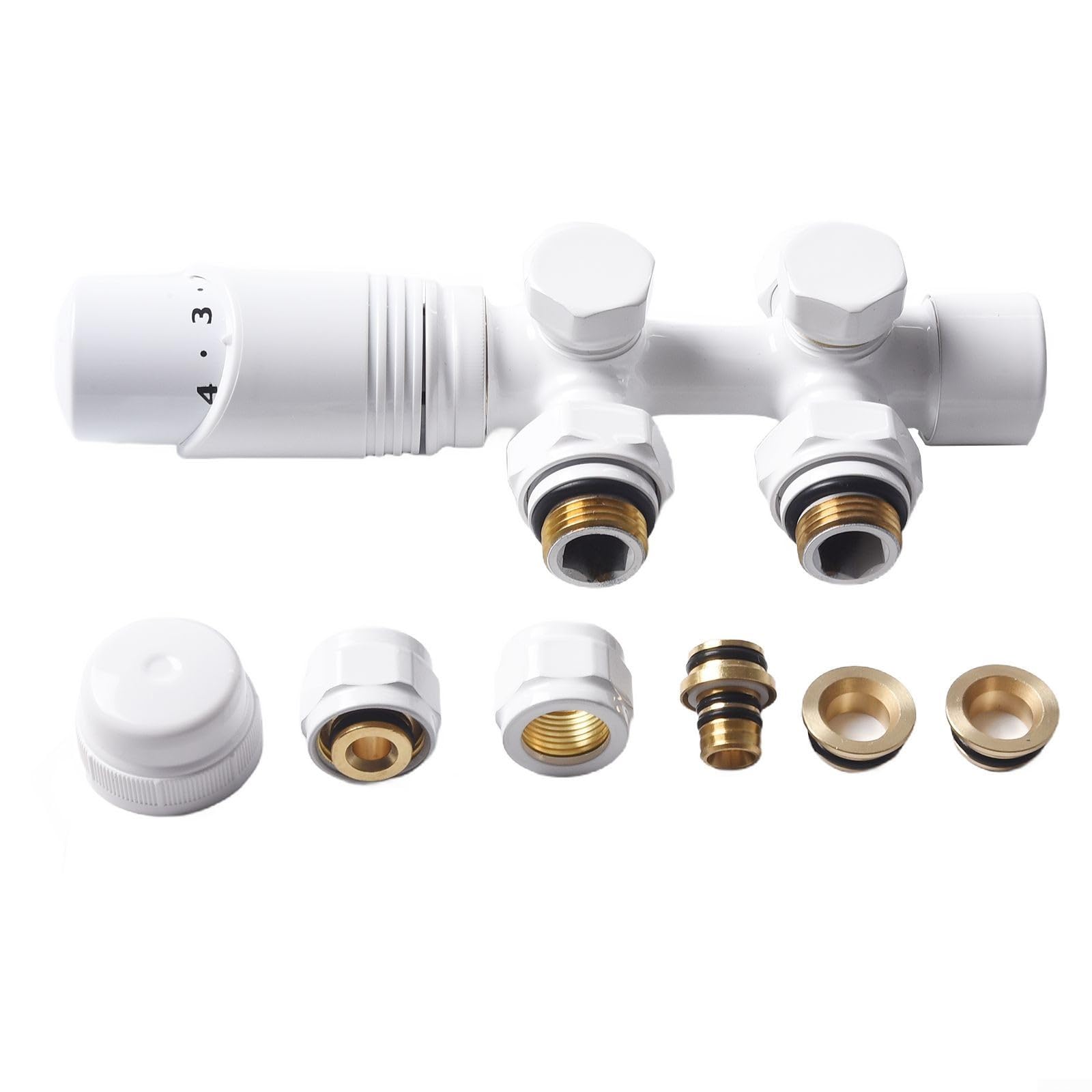 Para válvula de radiador de baño, control termostático para toallero térmico, compatible con conexiones centrales de 50 mm, latón/ABS (blanco)