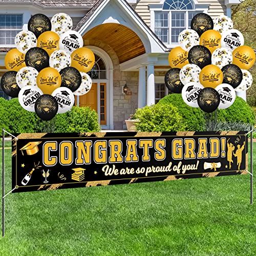 2023 Graduation Banner for Yard, Large Congrats Grad Banner for Graduation Decorations, Includes 32 Balloons and 2 rolls of ribbon, Black Gold and White