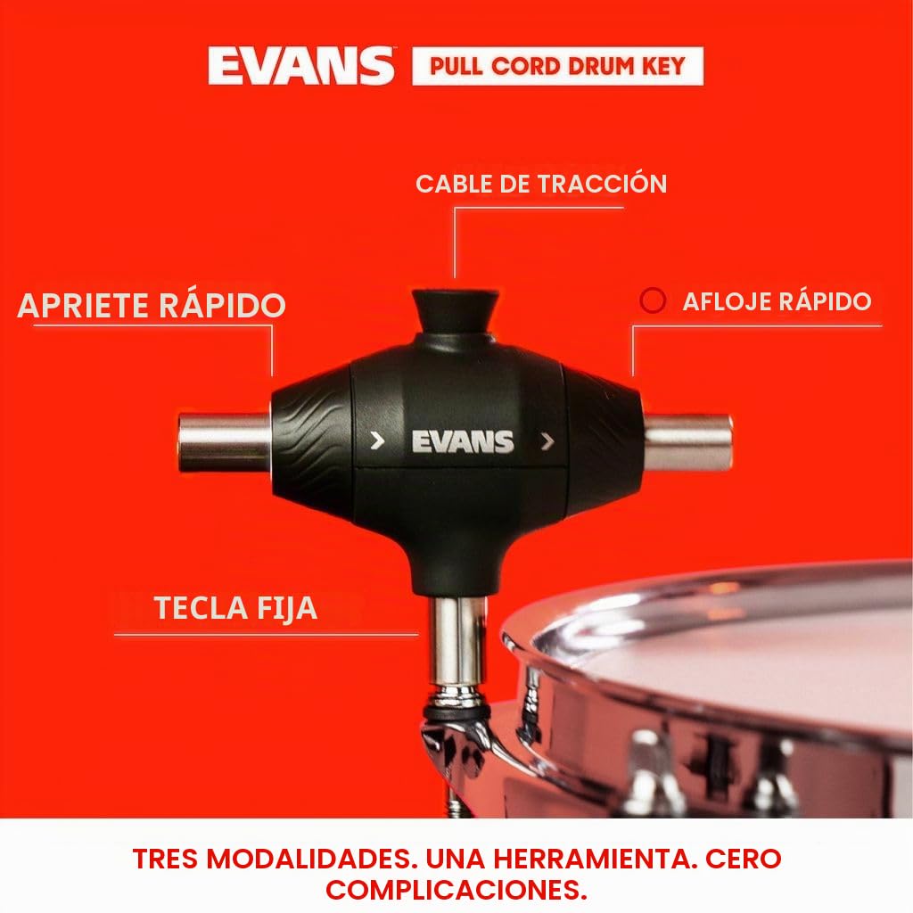 Evans Llave de tambor con cordón – Llave de tambor totalmente mecánica de tres cabezales – Llaves para afinar tambores – Accesorios de batería – Regalos para bateristas
