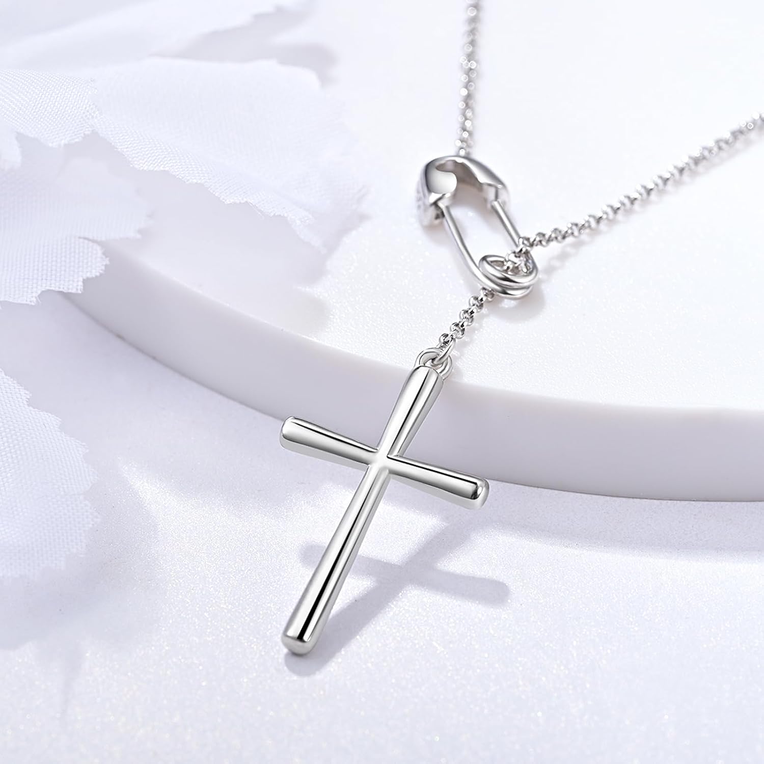 925 Sterling Silver Safety Pin Necklace Cross Christian Faith Jewelry Adjustable Link Y Necklace for Women Men Christians