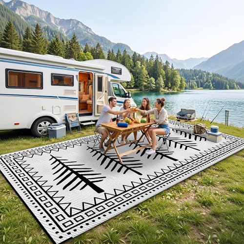 CircleRoad RV Outdoor Rug 9x18 Waterproof Patio Rug Mat with 4 Stakes UV Resistant Reverisble Plastic Straw Outdoor Rug with Carry Bag for RV Camping Picnic Beach