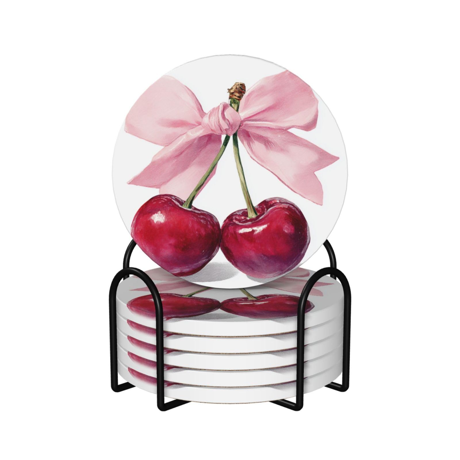 Two Red Couple Cherries with Large Pink Bow Ceramic Coasters with Holder 6ps