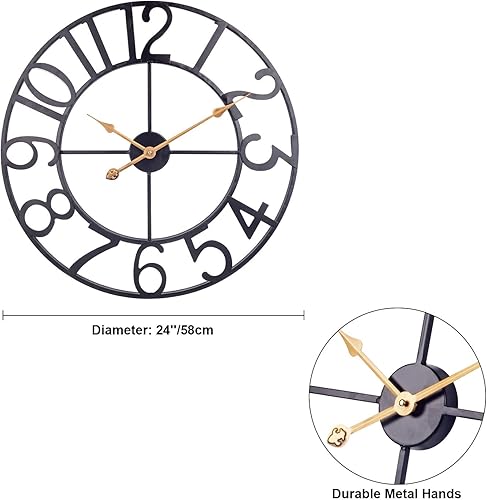 Miniatura 6 de BEW Reloj de metal de 24 pulgadas, reloj de pared decorativo de granja con recortes grandes, funciona con pilas, silencioso sin tictac, reloj de