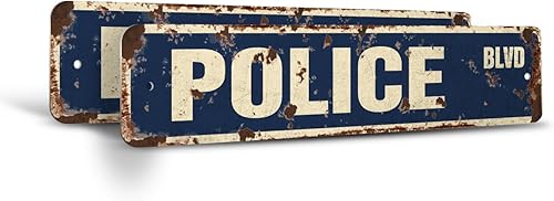 POLICE Vintage Style Rustic Street Sign (2 Pack) New Cop Officer Law Man Retro Decorative Wall Sign for Home, Bar, Garage, or Outdoor Use 6" X 24"