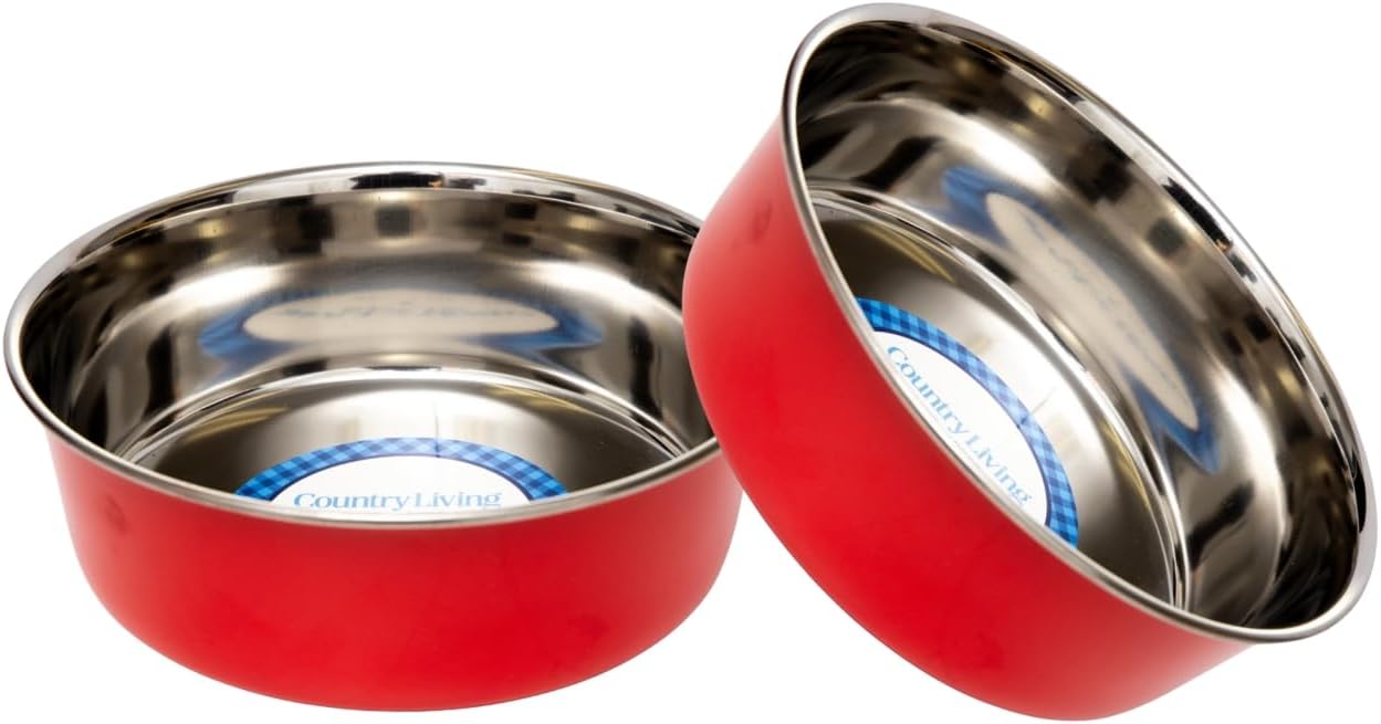Country Living Set of 2 Heavy Gauge Stainless Steel Dog Bowls - Non-Skid, Durable & Rust-Resistant - Perfect for Food & Water - Vibrant Red, 96 oz Capacity