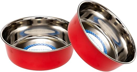 Country Living Set of 2 Heavy Gauge Stainless Steel Dog Bowls - Non-Skid, Durable & Rust-Resistant - Perfect for Food & Water - Vibrant Red, 16 oz Capacity
