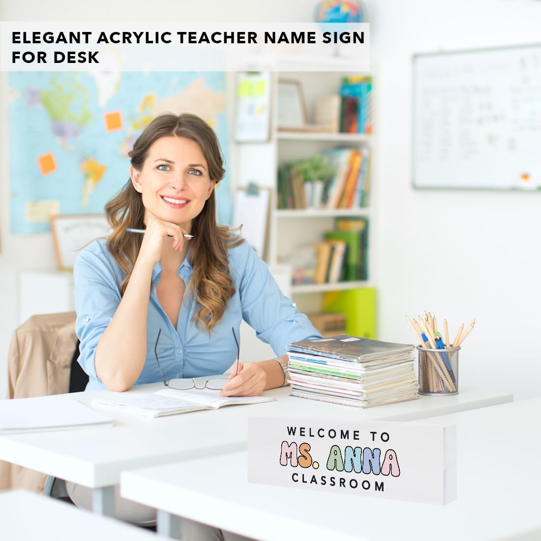 Andaz Press 8"x2.5" Teacher Desk Decor, Custom Teacher Desk Name Plate Personalized, Customized Teacher Decor, Teacher Name Sign Acrylic Desk Name Plate Personalized Pastel Rainbow Classroom Decor