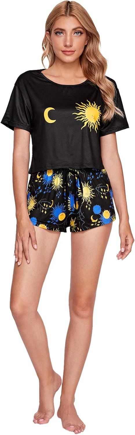SweatyRocks Women's Cute Graphic Print Short Sleeve Crop Top with Shorts Pajama Set - Image 5